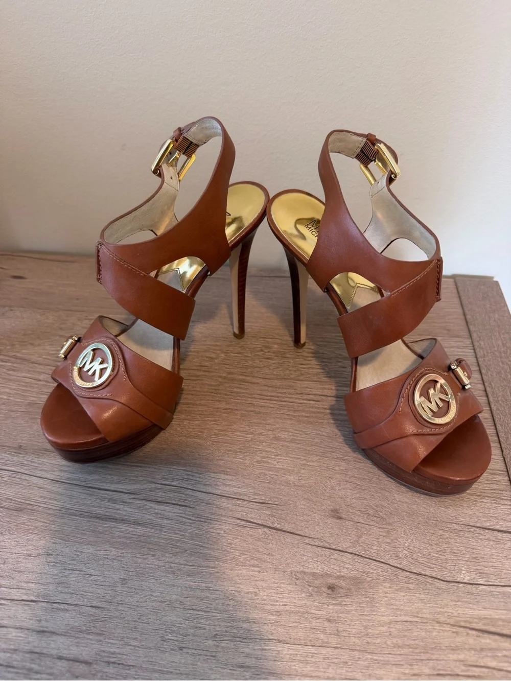 Michael Kors Tan Leather Platform Stiletto Sandals with MK Medallion